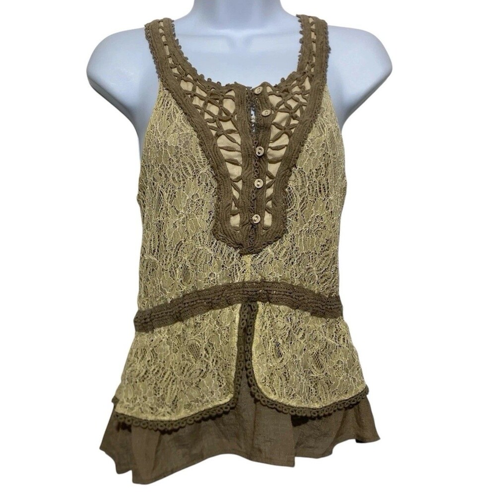Vtg Papaya Tank Top Juniors Size Medium Lace Crochet 1/2 Button Peplum Hem Y2K
